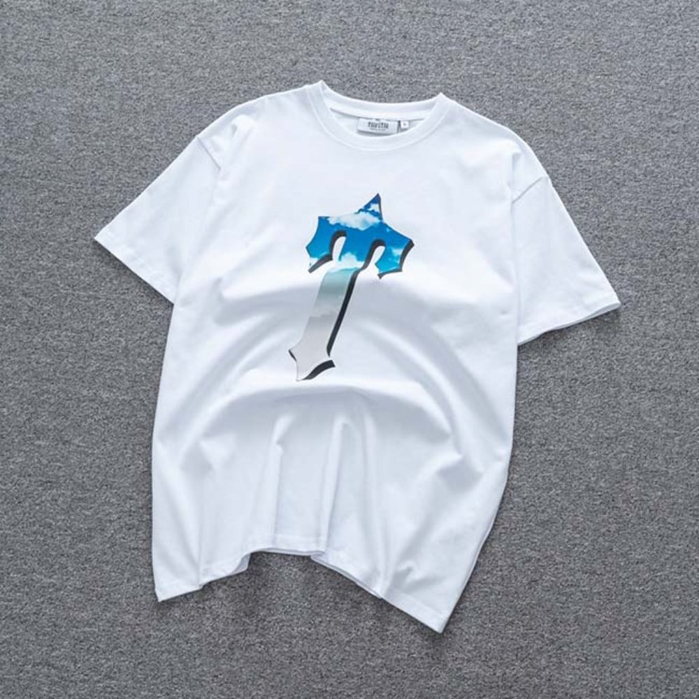 Trapstar Fashion White Cloud Big T and Letter Logo Short Sleeve White